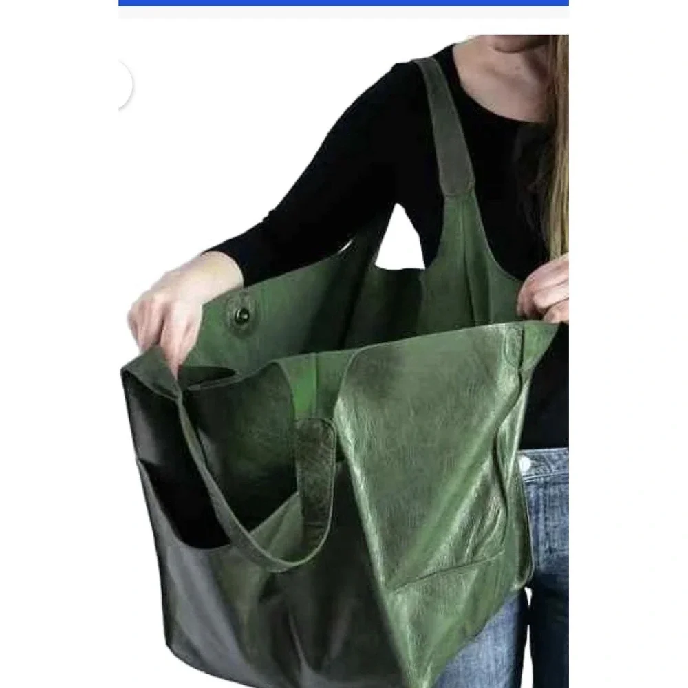 Leather Tote Oversized Shoulder Bag Large Slouchy Shopping Green